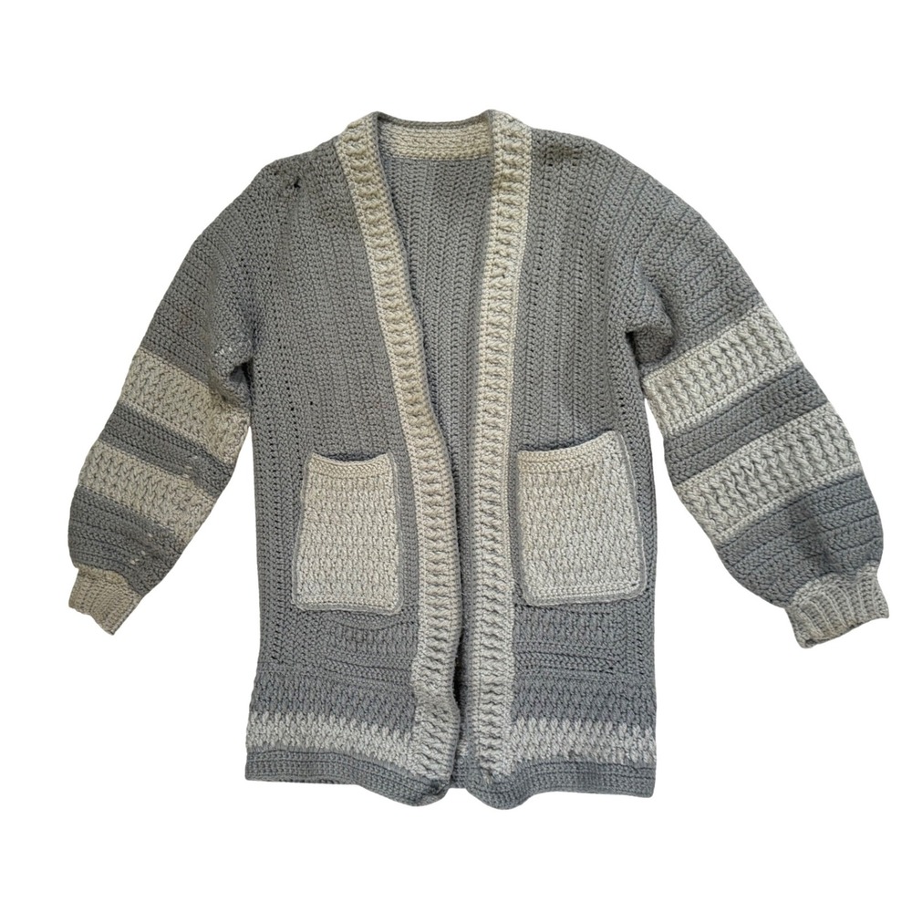 Handmade Crochet Cardigan Gray Chunky‎ Knit Balloon Sleeve Pockets Boho Repair